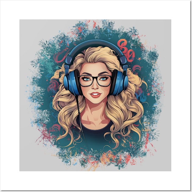 Illustration - Stylish Blonde Lady Immersed in Music, Enjoying the Beats with Headphones in a Chic Design Setting. Wall Art by Art KateDav